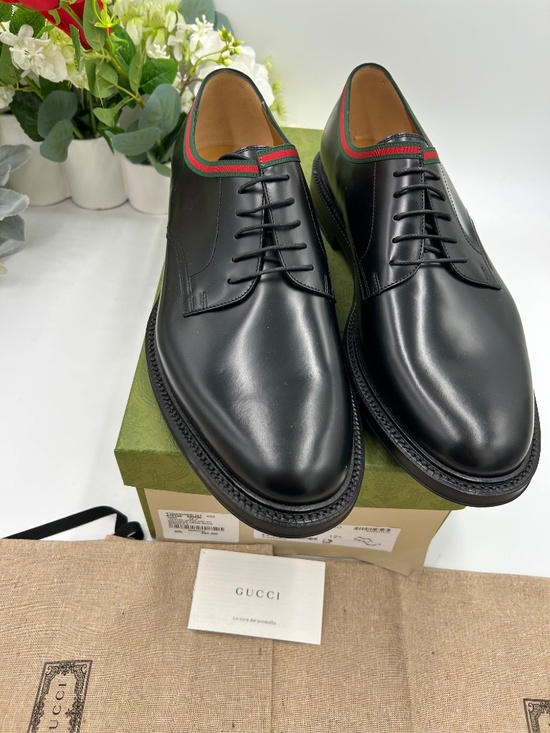 Men’s Gucci Black Leather Derby Shoes with Green-Red Web trim Size 12.5 main image 5